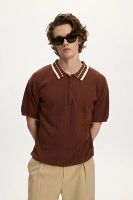 Brown Knit Zip Polo Shirt