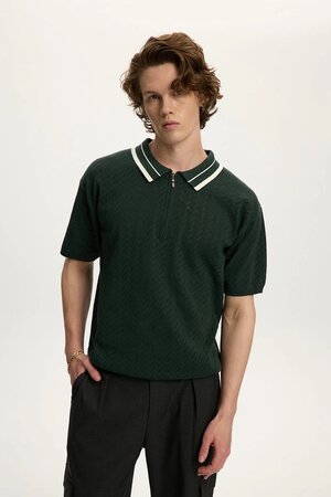 Green Knit Zip Polo Shirt