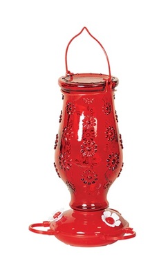 Red Floral Glass Hummingbird Feeder